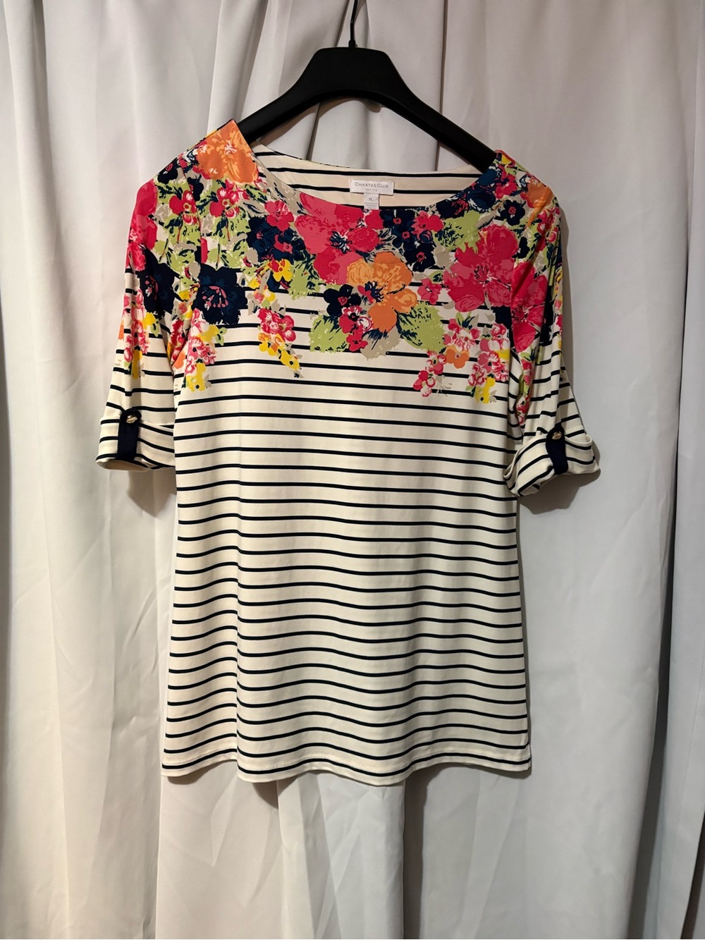 Charter‎ Club Striped Tee with Bright Floral Yoke - Navy & Cream #2107